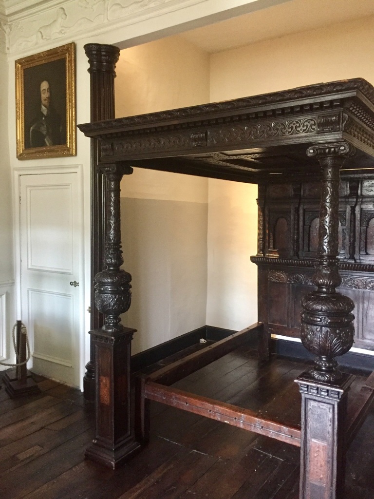 The exposed frame of a 17th century bed after reconstruction in the King Charles Room at Aston Hall