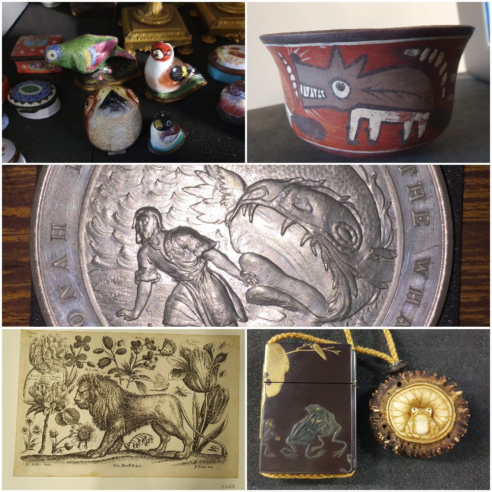A collage of images of animal objects from the Museum Collection Centre: four bomboniere shaped like a parakeet, a raptor head, a goldfinch, and another bird; a South American pot painted red and decorated with a grinning fox; a medallion depicting Jonah being delivered from the whale; a 17th century etching of a stylised lion, tulip, white rose, and other flowers by John Wenceslaus; and a netsuke carved in the shape of a frog on a leaf, attached to its corresponding inro with frog design.